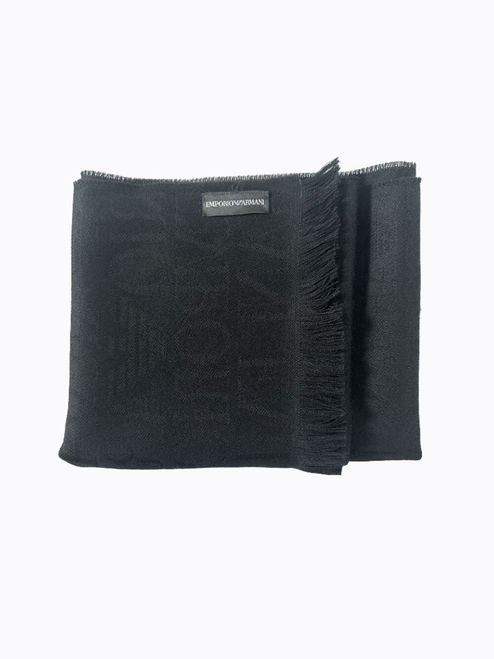 Emporio Armani Vintage Black Jacquard Logo Pattern Fringed Oblong Luxury Scarf